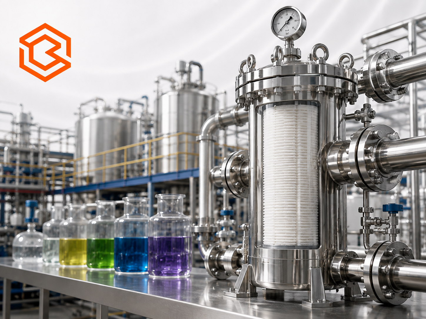 Stainless-steel cartridge housing filtering coloured chemical process liquids