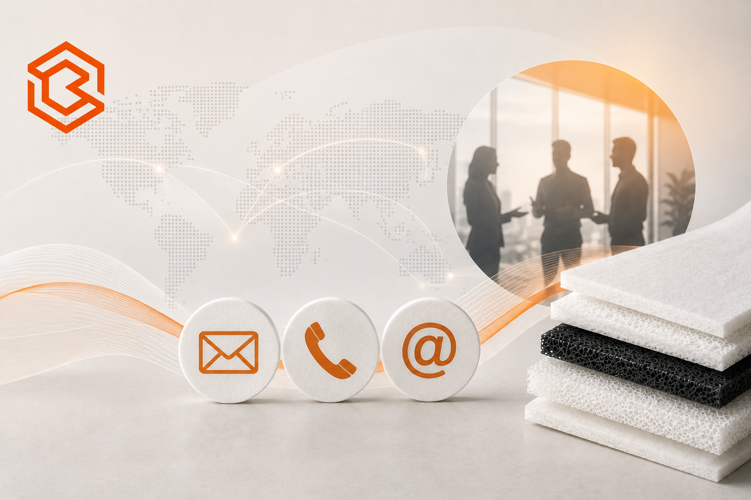 Sri Bharathi contact illustration with global connections, phone and email symbols