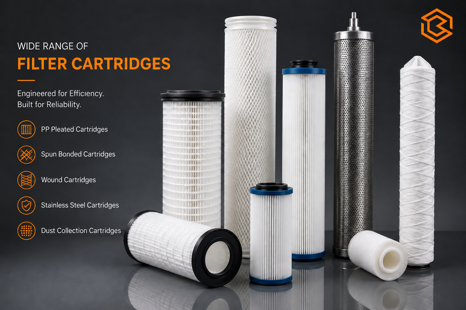 Illustrated range of pleated, spun-bonded, wound and stainless-steel filter cartridges