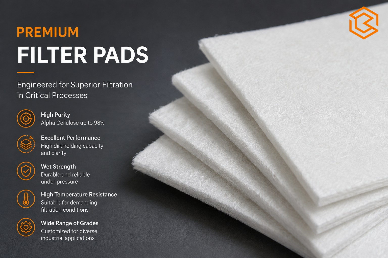 Stacked white industrial filter pads with a product-family overview