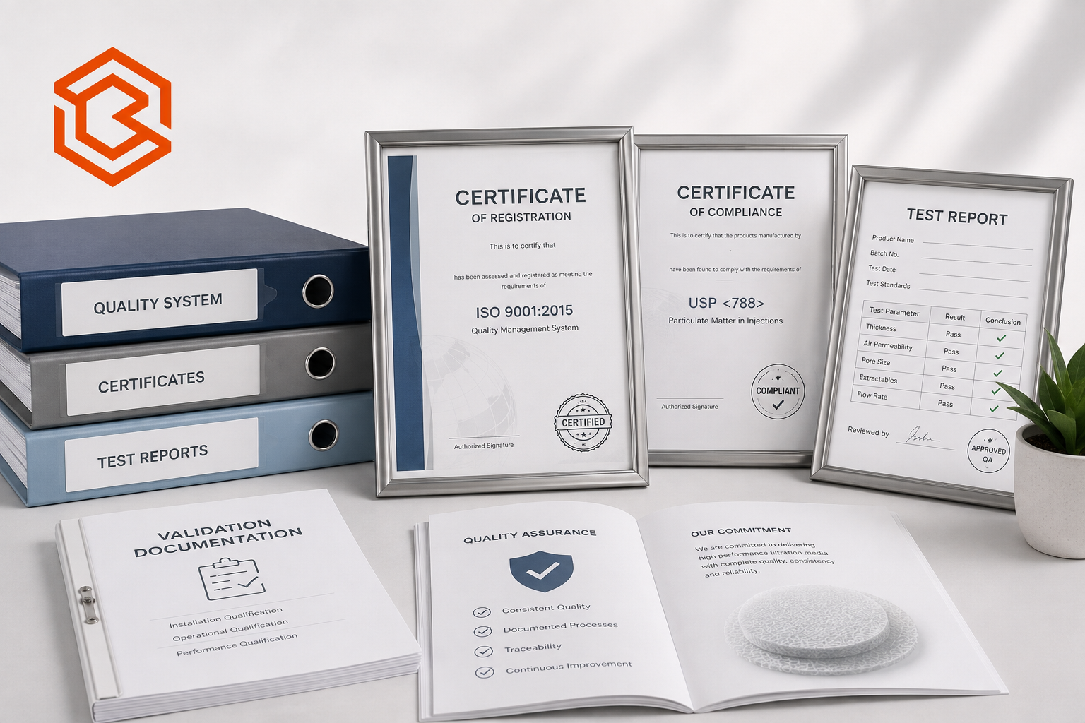 Quality-system binders, certificates, test report and validation documentation