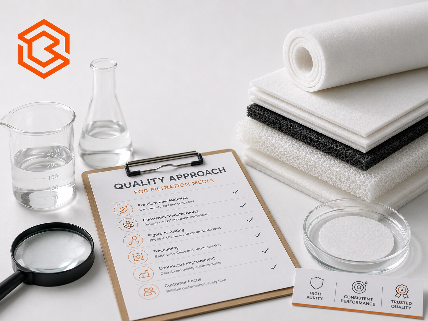 Filtration-media quality checklist with laboratory equipment and filter pads