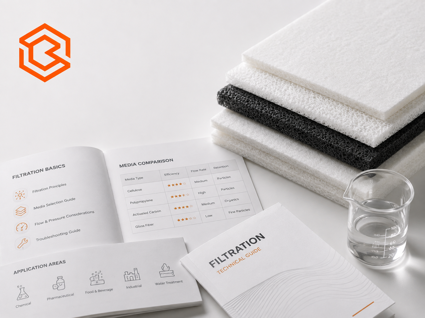 Technical filtration guides with filter-media comparison and laboratory equipment