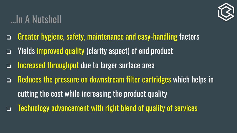 Sri Bharathi summary graphic of lenticular filtration handling, clarity and throughput benefits